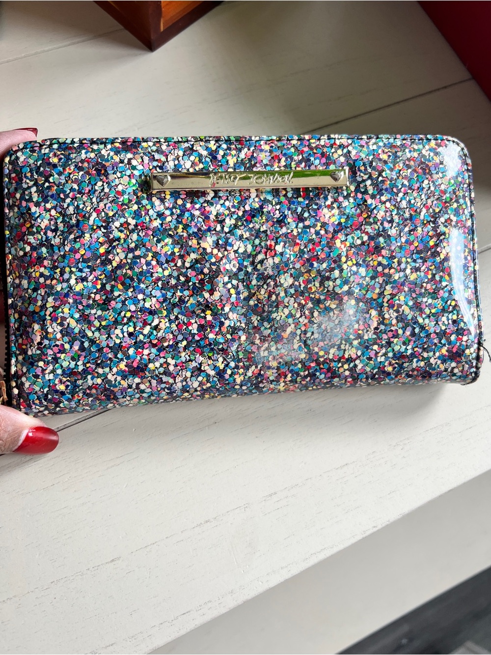 🌸 Betsy Johnson Multicolor Glitter Zip-Around Wallet with Gold Logo Large